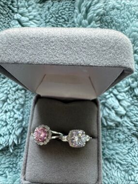 Elegant Pink and Clear Cubic Zirconia Halo Ring Set - Women Jewelry